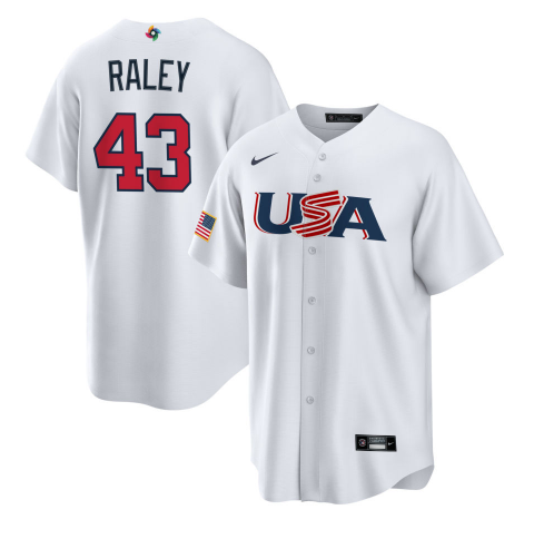 Men's USA Baseball #43 Brooks Raley 2023 White World Baseball Classic Replica Stitched Jersey